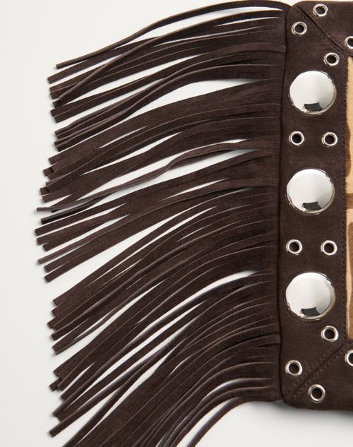Valentino Garavani - Valentino Garavani Nellcôte Shoulder Bag In Animalier Pony Effect Calfskin With Fringes - Beige/testa Di Moro - Woman - Shoulder Bags
